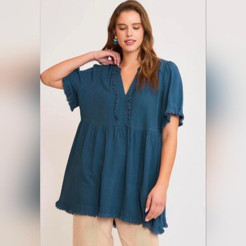 Assorted Sizes: Umgee Raw Hem Notched Babydoll Linen Blouse: NWT